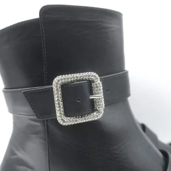 Jimmy Choo Hank Jewel Buckle Flat Ankle Boots Black Leather Size 39 NEW